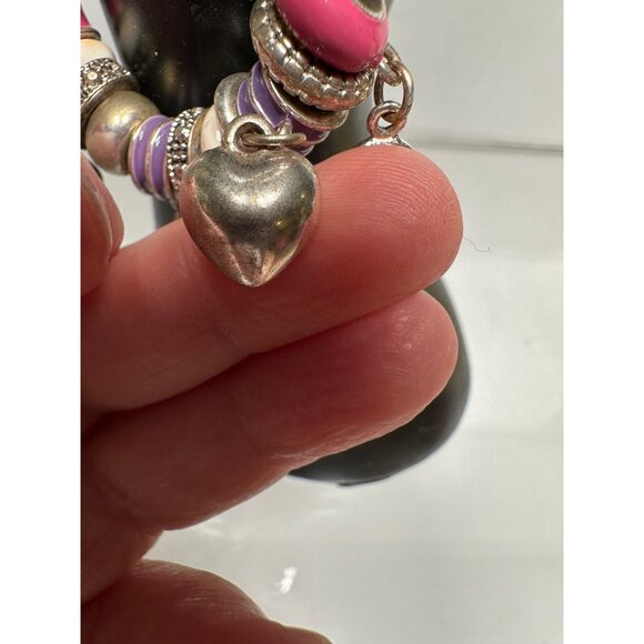 Silver Charm Bracelet Pink Purple Accents Heart Bag Pendants Design Womens - Picture 11 of 14